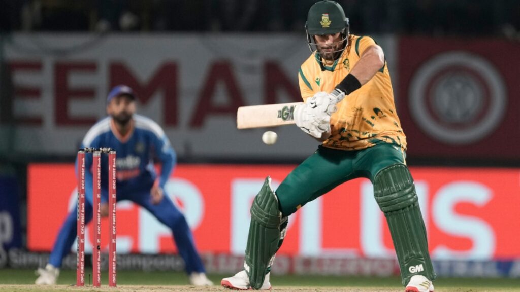 South Africa's captain Aiden Markram plays a shot during the third T20 cricket match between India and South Africa in Dharamshala, India, Sunday, Dec. 14, 2025.