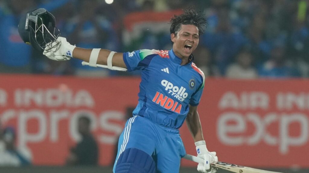 India's Yashasvi Jaiswal celebrates his century during the third One Day International cricket match between India and South Africa in Visakhapatnam, India, Saturday, Dec. 6, 2025.