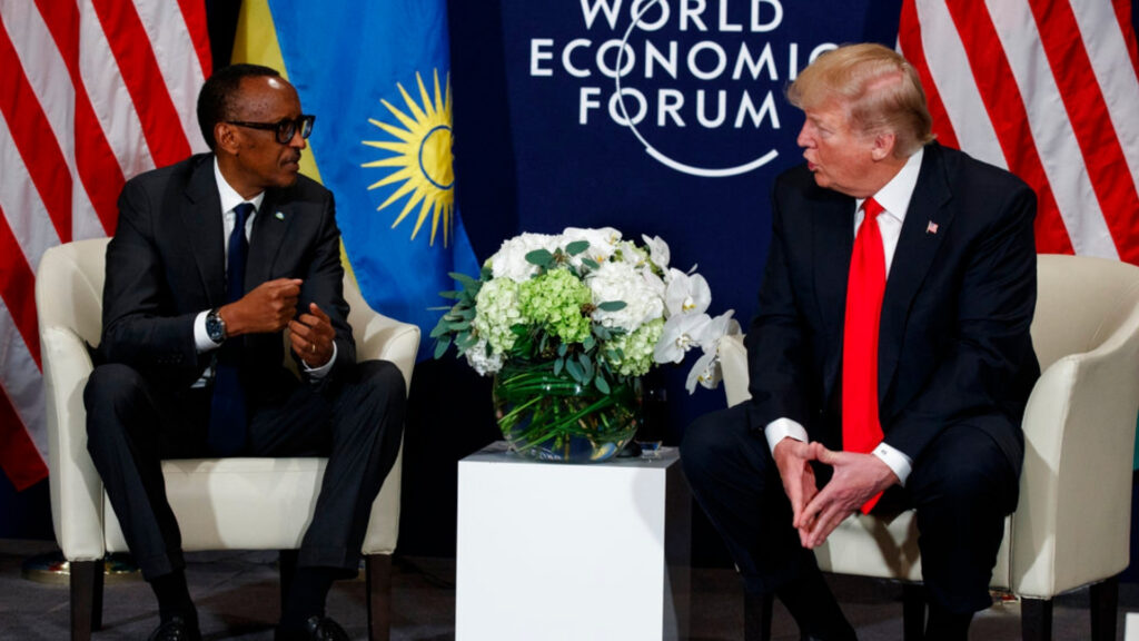 U.S. President Donald Trump meets with Rwandan President Paul Kagame, left, at the World Economic Forum, Friday, Jan. 26, 2018, in Davos, Switzerland.