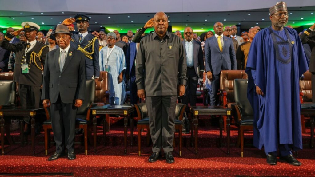 ECOWAS confirms 2027 launch plan for ECO single currency Liberia's President, Joseph Boakai, left, Ghana's President John Dramani Mahama, centre, and ECOWAS President Omar Touray, right, attend the launch of the 5Oth Anniversary of ECOWAS at the Accra International Conference Centre, Ghana, Tuesday, April 22, 2025.