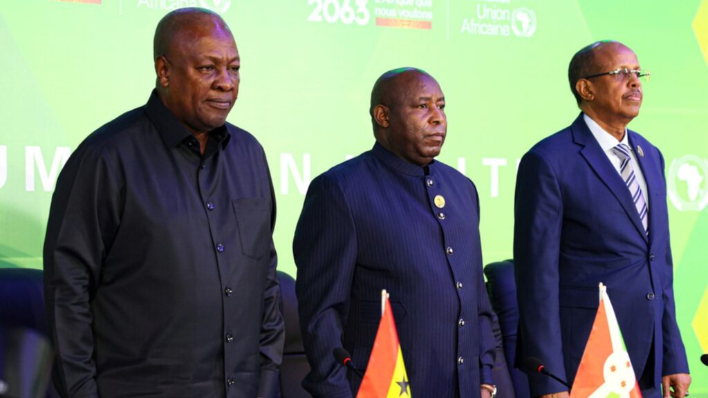 Africa could lose ground in health fight, officials warn Ghana's President John Dramani Mahama, left, with Burundi's President Evariste Ndayishimiye, center, and the African Union Commission Chairperson Mahmoud Ali Youssouf African Union Commission Chairperson,