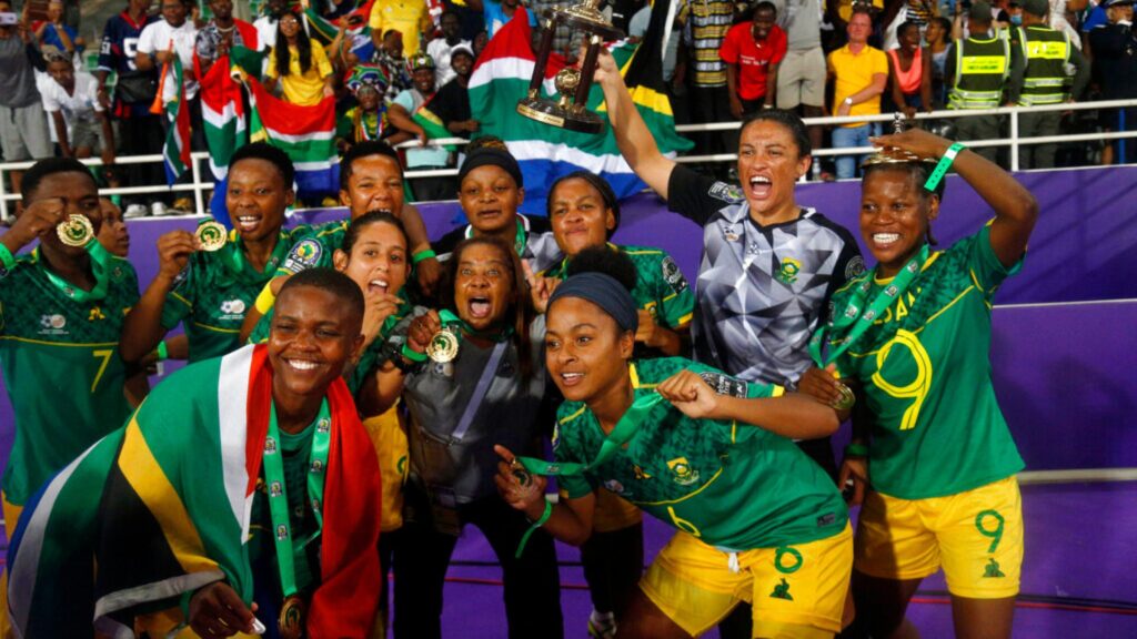 South Africa players celebrate after defeating Morocco in the final of the women's African Cup of Nations (WAFCON) soccer tournament in Rabat, Morocco, Saturday, July 23, 2022