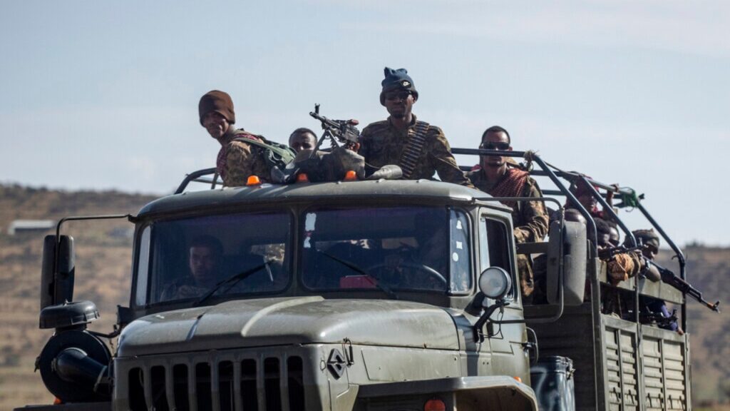 Ethiopia-Sudan border crisis: Hundreds flee Tigray as fresh fighting raises fears of renewed war FILE - Ethiopian government soldiers ride in the back of a truck on a road near Agula, north of Mekele, in the Tigray region of northern Ethiopia on May 8, 2021.